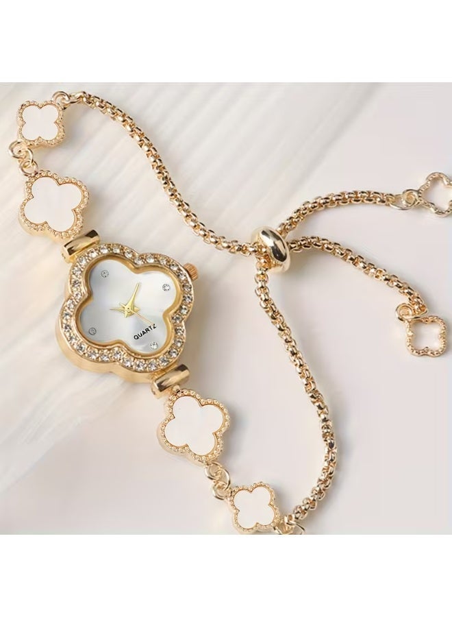 aeen Clover Design Quartz Watch for Women – Elegant Rhinestone Round Dial, Stainless Steel Strap with Tassel Detail, Stylish Everyday Wrist Watch Gift for Her - Image 1